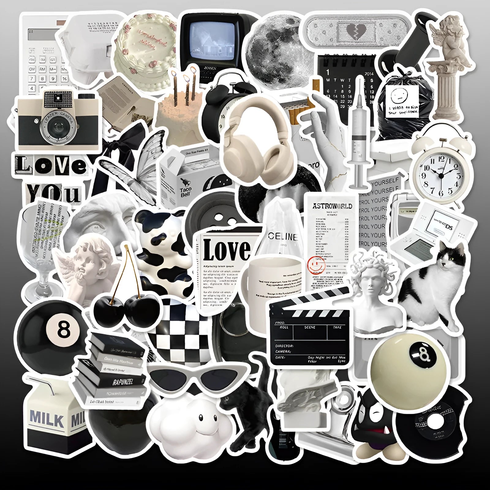 61 black and white PVC waterproof stickers for laptops, phones and multiple surfaces