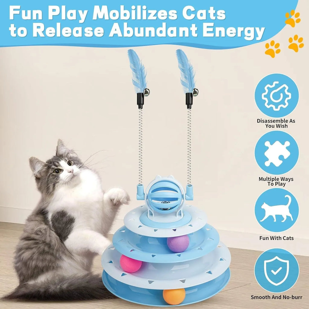 Interactive cat toy with 4-tier carousel, 6 toy balls, bell ball, and 2 teasing rods on a non-slip base