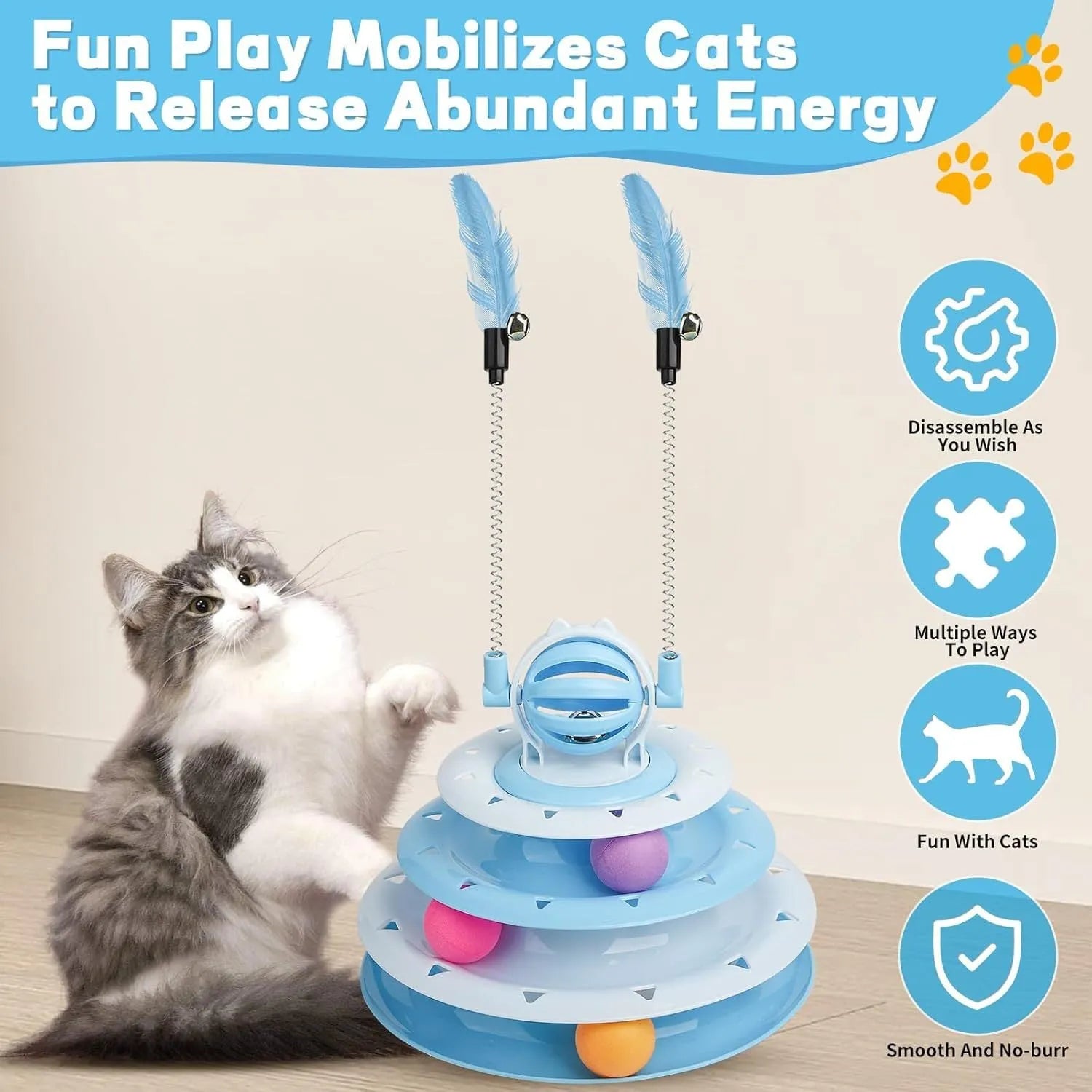 Interactive cat toy with 4-tier carousel, 6 toy balls, bell ball, and 2 teasing rods on a non-slip base