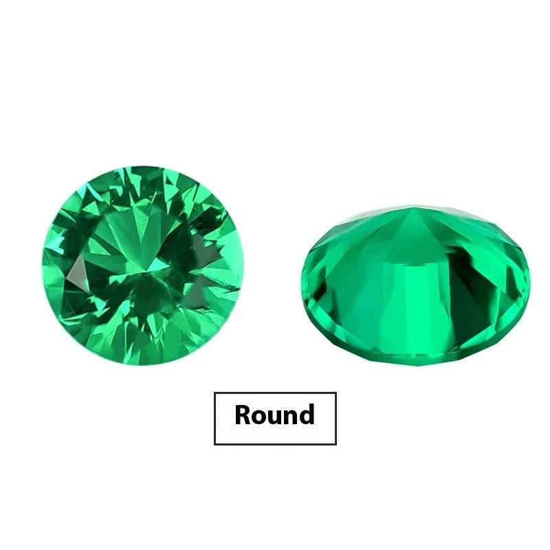 Cultivated emerald gemstone in Columbia green treasure colour showing round and grandmother cut shapes