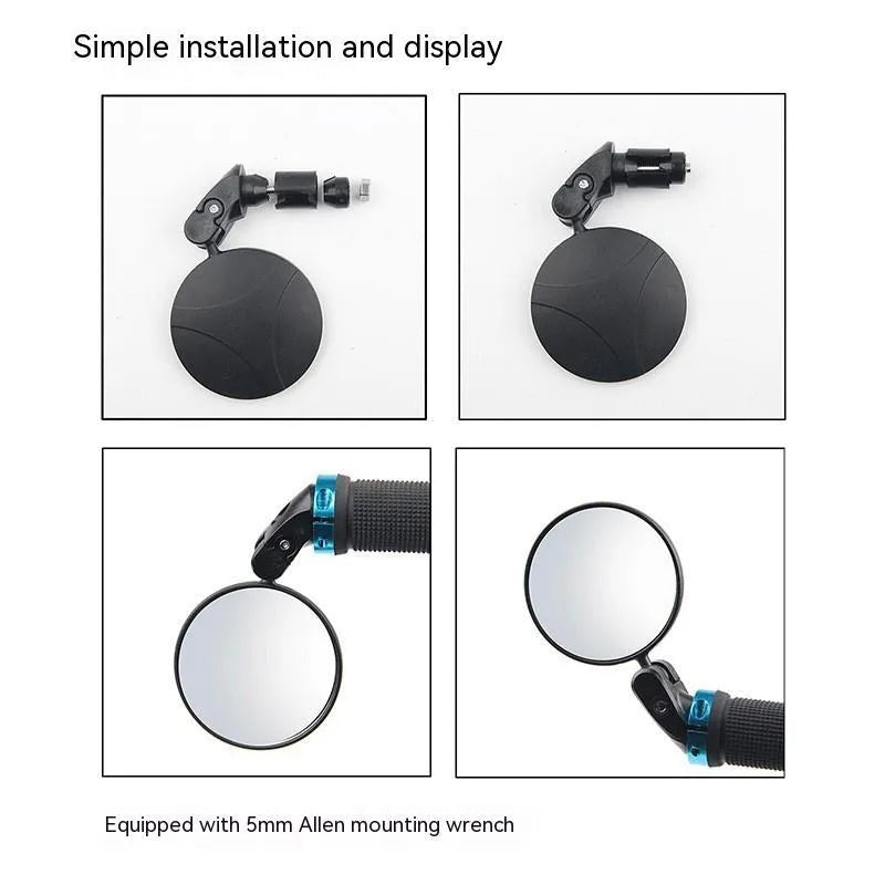 Black foldable convex rearview mirror showing 7cm reflector and 14cm adjustable mounting bracket