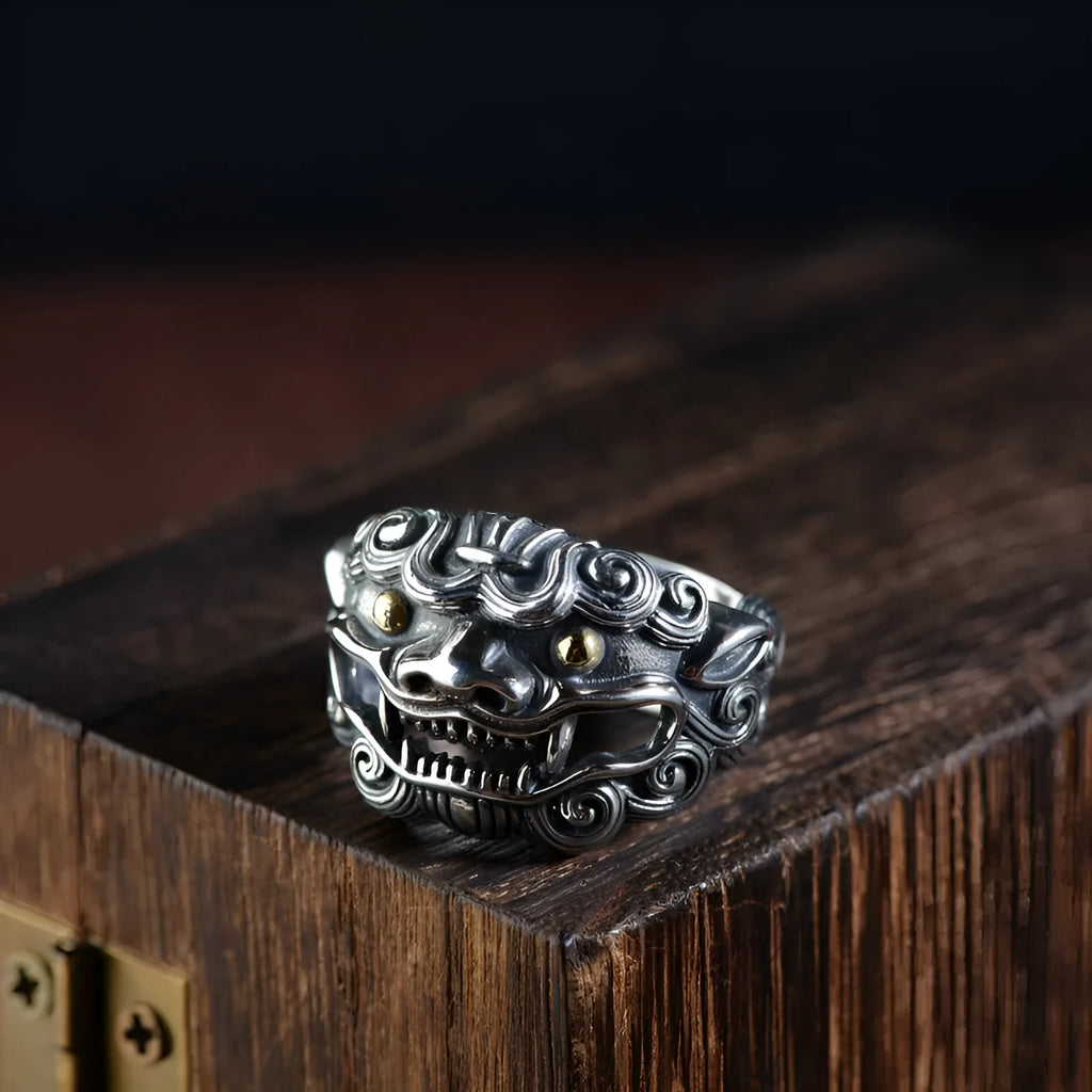 Silver open ring with detailed Jibeast animal zodiac pattern modelling in a retro style.