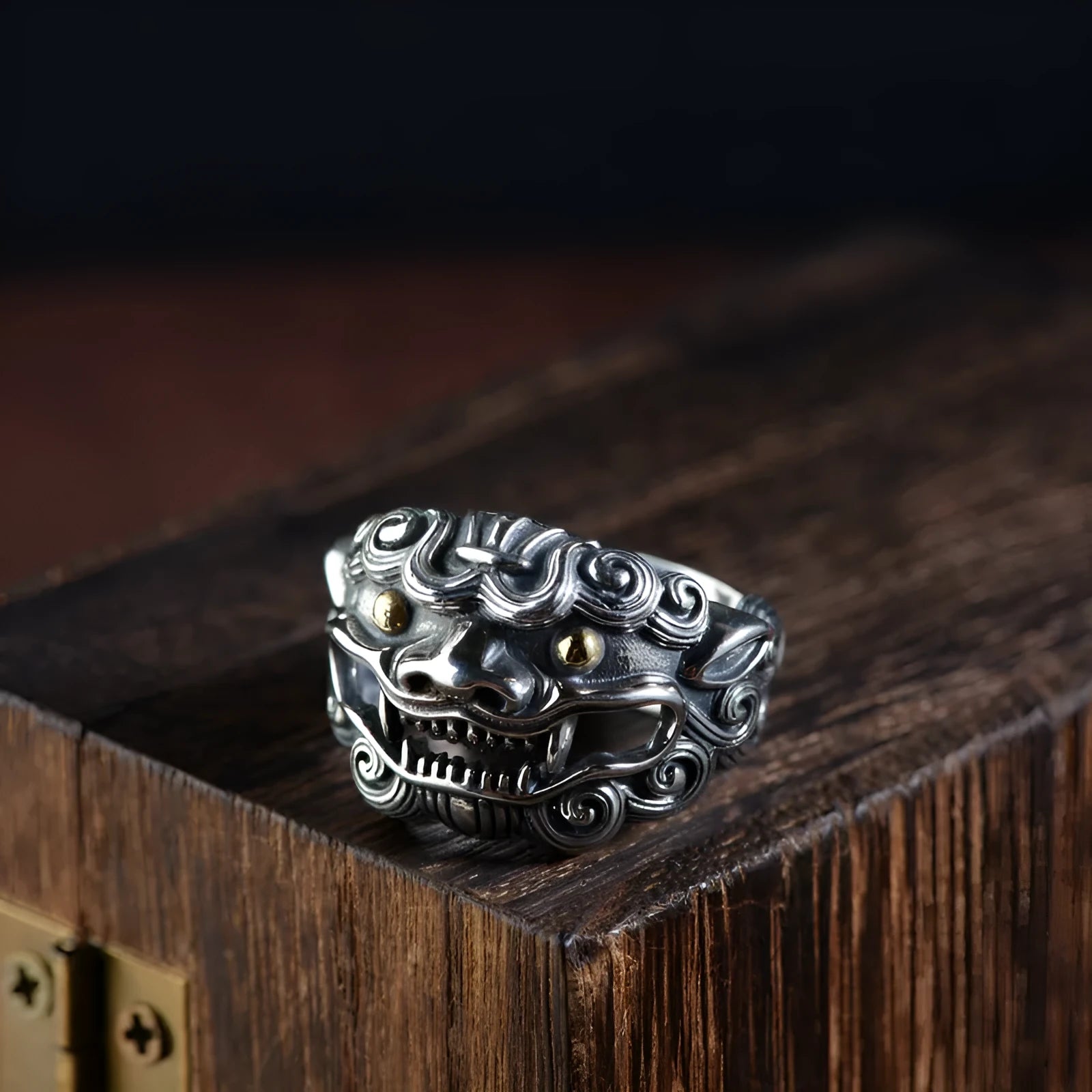 Silver open ring with detailed Jibeast animal zodiac pattern modelling in a retro style.