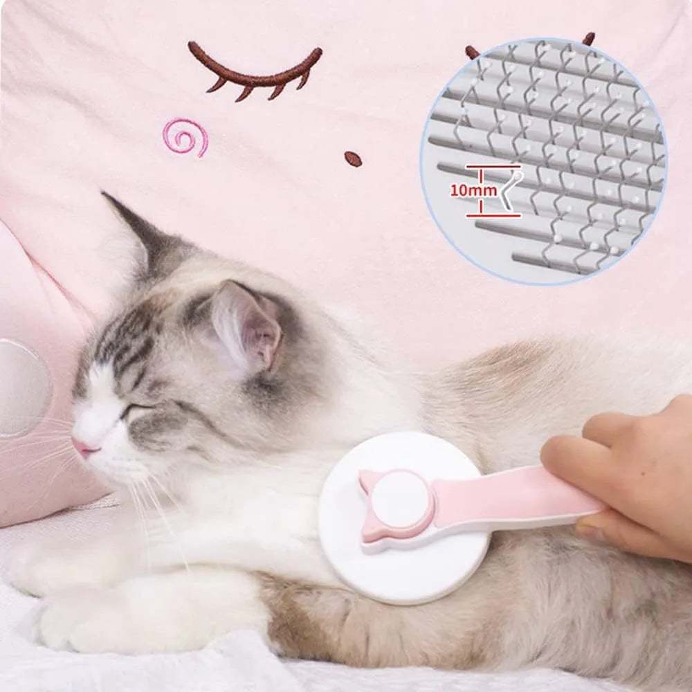 Blue self-cleaning pet grooming brush with round-tipped metal pins and a rubber handle.