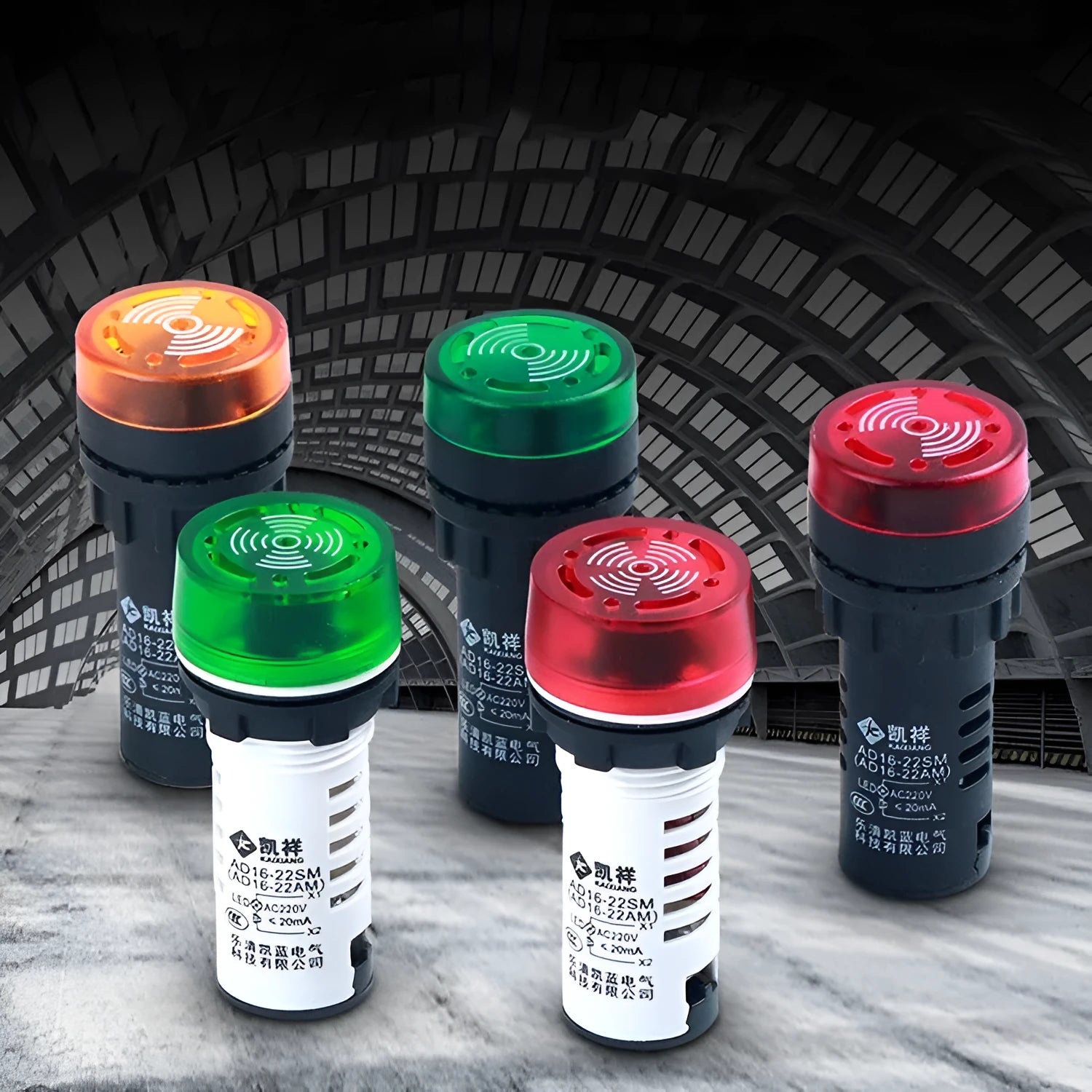 Red, green, and yellow LED flashing sound and light buzzers for 22mm panel mounting.