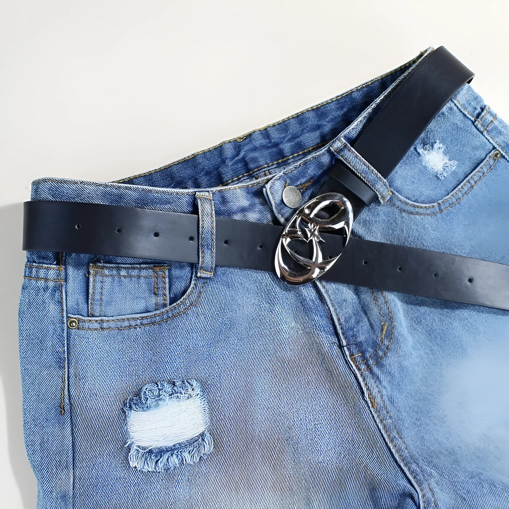Silver-buckle PU leather casual belt showing snap button fastening on a 105cm long, 3.3cm wide strap.