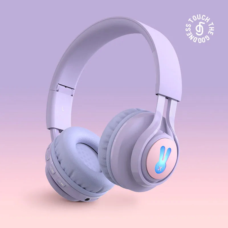 Wireless children's headphones in bunny pink with RGB lights, 15m range, and call function
