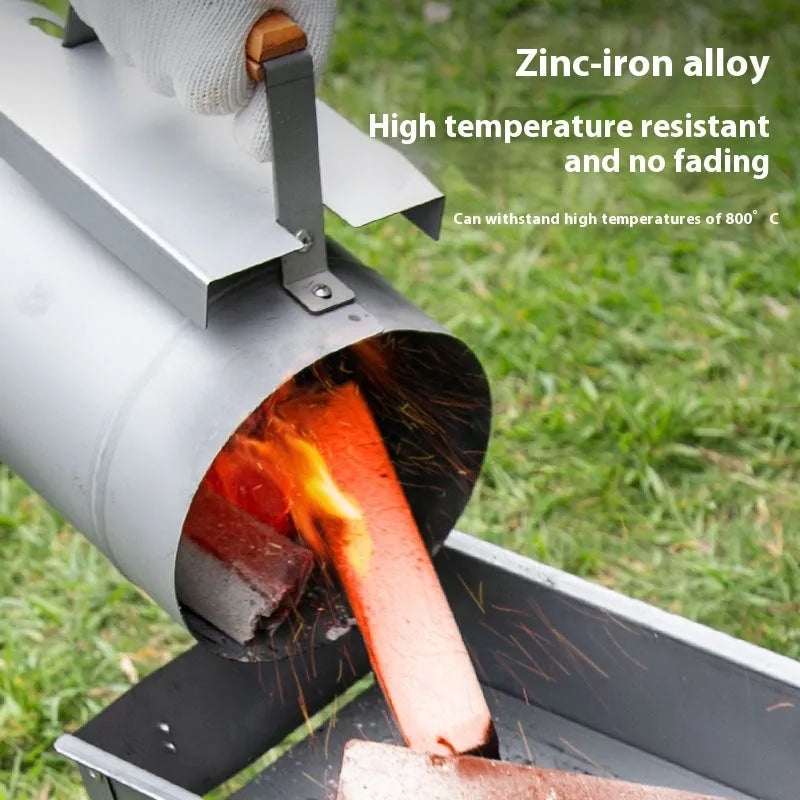 Zinc-iron alloy charcoal fire starter bucket with oven igniter for outdoor barbecues.