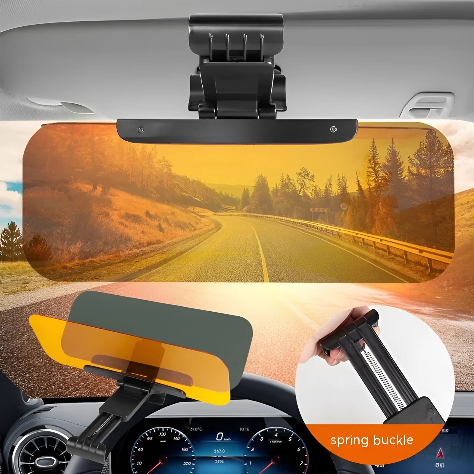 Universal anti-high beam car sun visor with acrylic lens shown in colour box packaging.