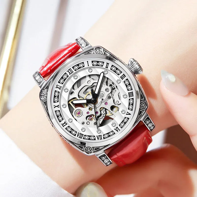 Men's mechanical leather strap watch with luminous hands showing black, red, steel, and white colour options