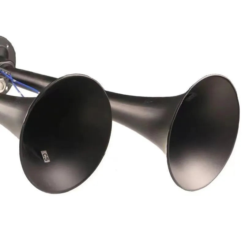 Black dual trumpet air horn kit with compressor unit for 12V and 24V vehicle installation