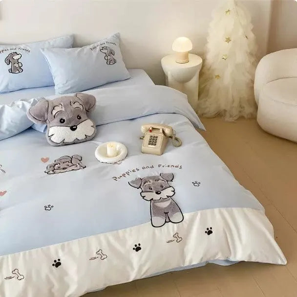 Cute cartoon Schnauzer dog pattern on a thickened cotton bedding set with embroidery.