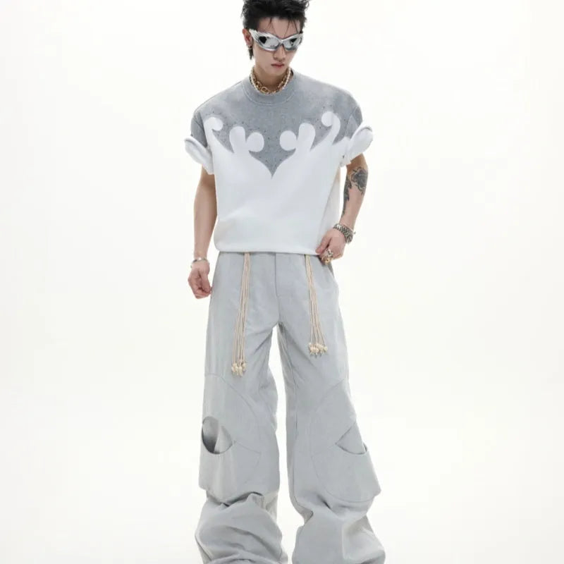 Men's grey cotton shirt with three-dimensional stitching and burnt flower rhinestone decoration on front