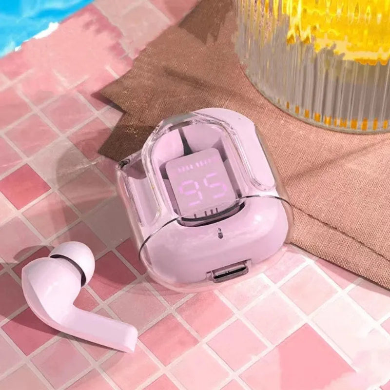Transparent space capsule case Bluetooth headset with digital display screen showing battery level