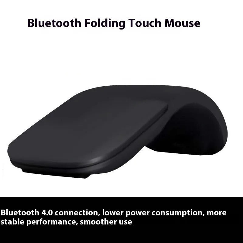 Black folding Bluetooth wireless touch mouse shown in open and closed positions next to a laptop.