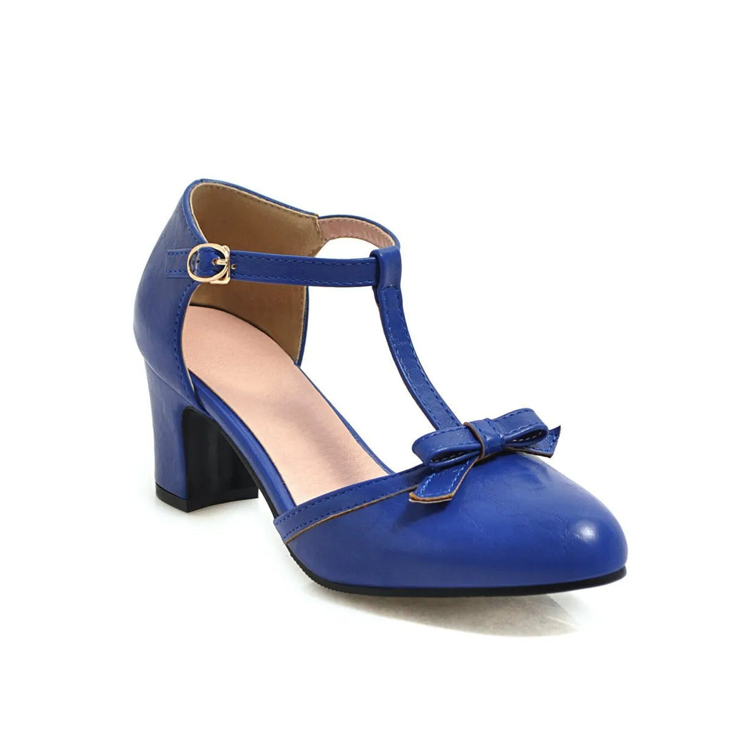 Women's solid-colour chunky heel sandals with buckle strap, round toe, hollow-out design, and a bow.