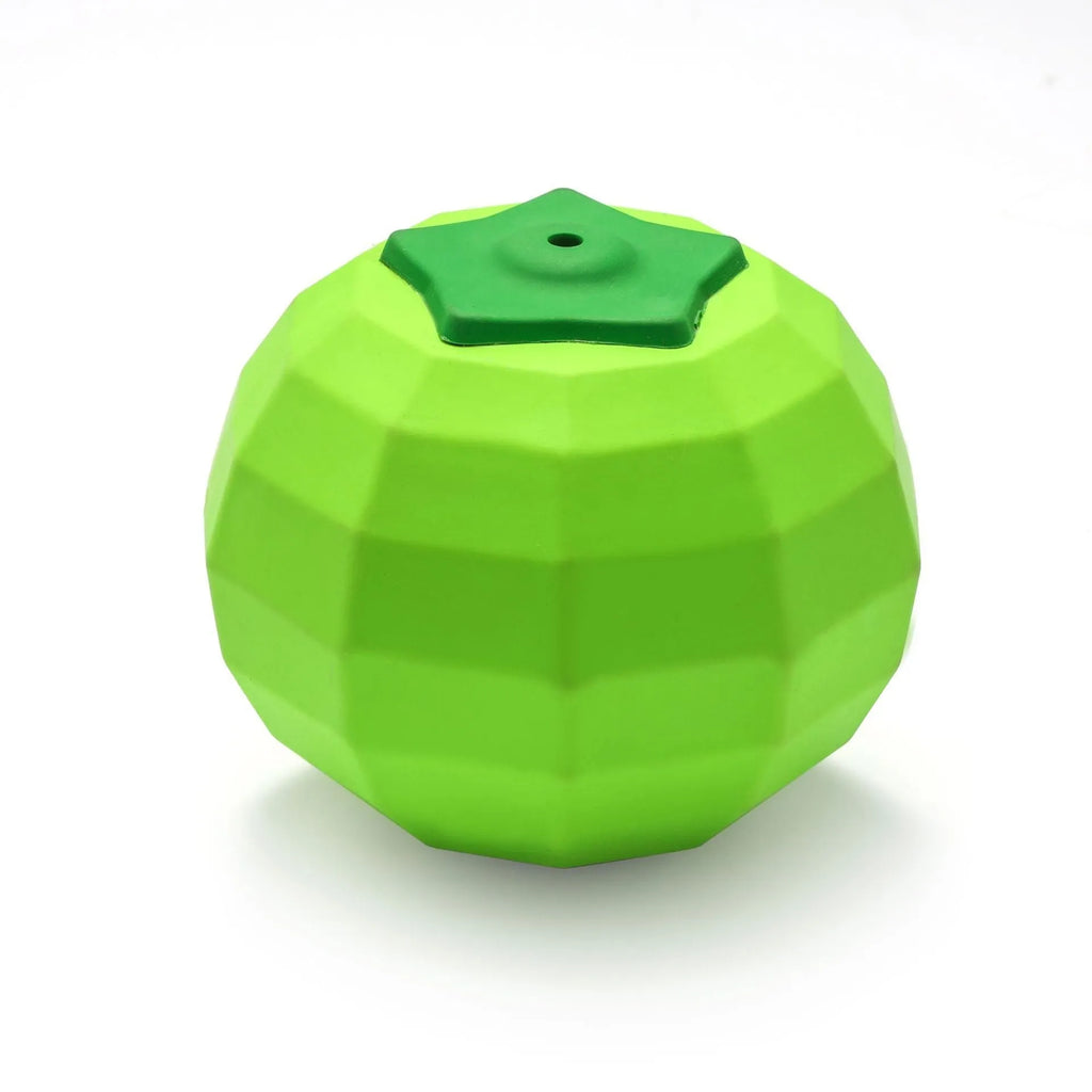 Green natural rubber squeaky dog chew ball for large dogs on a white background.