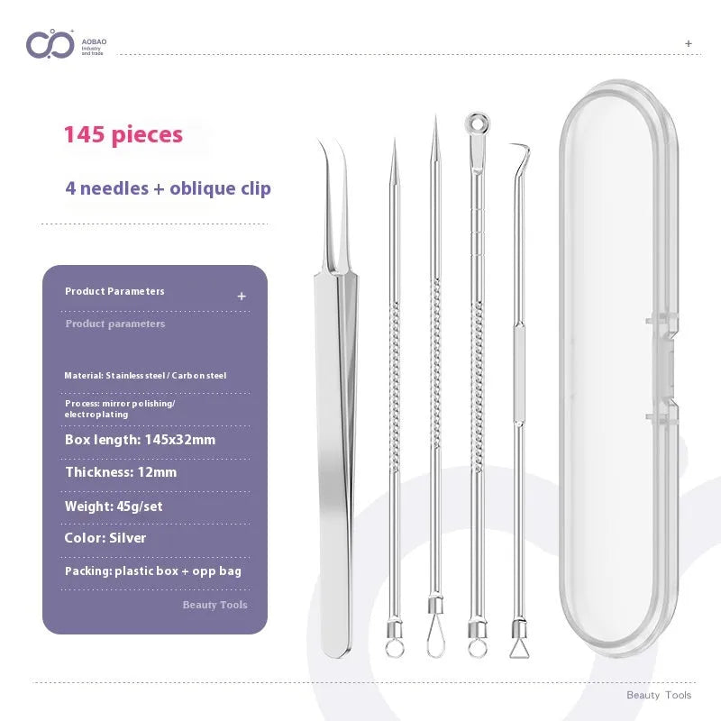 Four silver metal acne needles with fine pointed tips laid out on a surface.