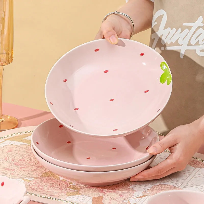 Cute strawberry pattern porcelain dinnerware set with flower bowls, plates, and twist spoon