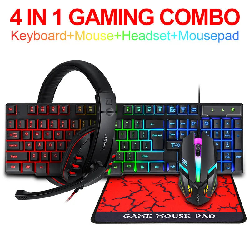 Thunder Wolf gaming keyboard and mouse set with luminous keyboard, optical mouse, headset and large mouse pad