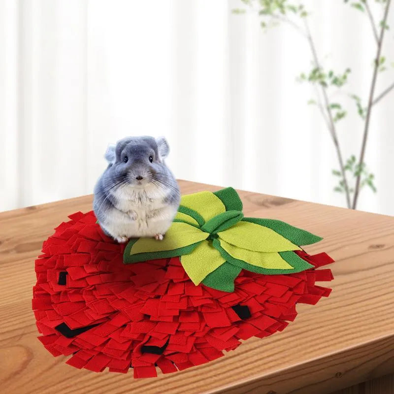 Red and green strawberry-shaped pet sniffing mat for dogs and cats on a wooden floor