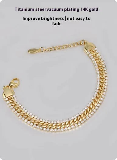 Gold tone titanium steel tennis bracelet with artificial gemstone inlay for men and women