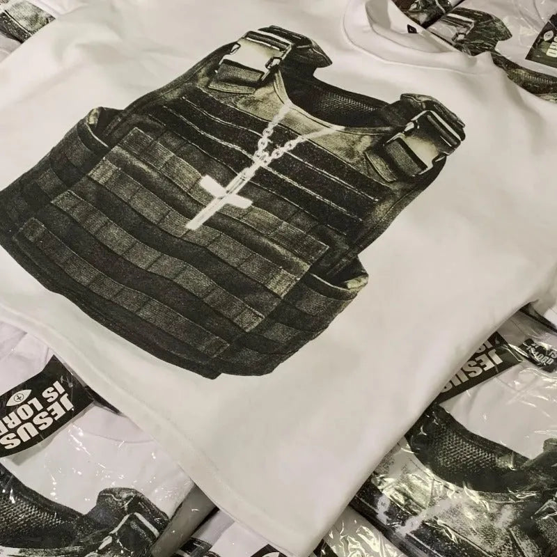 Printed cotton short sleeve retro street style T-shirt with drop-shoulder sleeves and contrast colour detailing