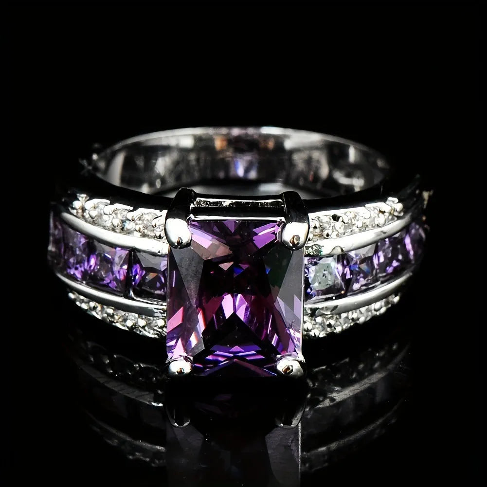 Zinc alloy fashion ring with diamond treatment in sunflower blue, square blue zircon, and square purple zircon style options.