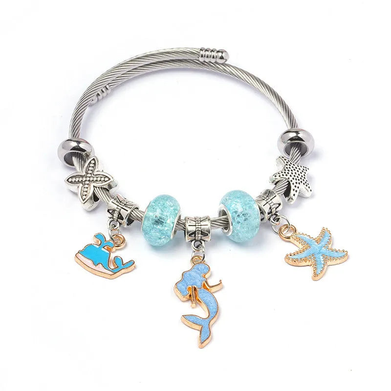 DIY open-end adjustable blue ocean series mermaid pendant bracelet multi-colour beaded alloy jewellery for women