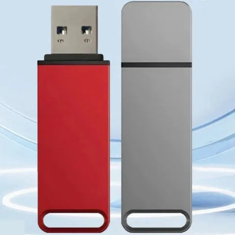 Customisable metal USB flash drive in black, red, or silver with high capacity options.