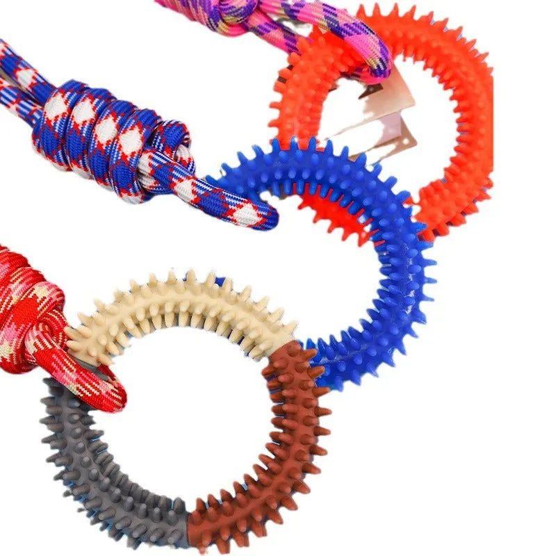 Blue braided rope dog toy with four puppy knots, measuring 43cm long