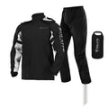Motorcycle rain suit with raincoat, rainpants, hidden shoe covers and storage bag