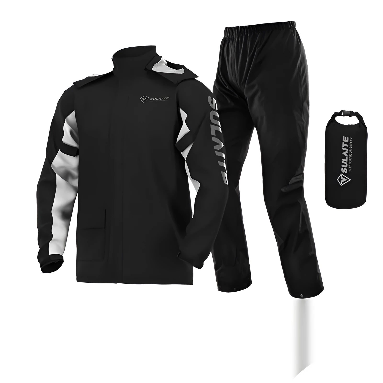 Motorcycle rain suit with raincoat, rainpants, hidden shoe covers and storage bag