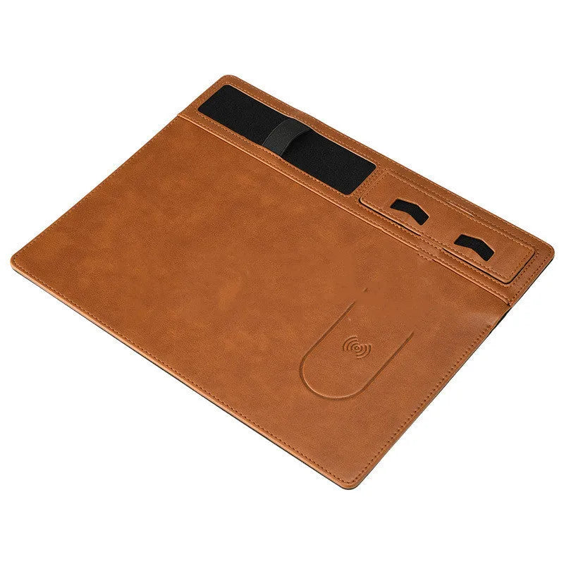 Pink PU leather wireless charging mouse pad with phone holder showing 320x260 mm dimensions