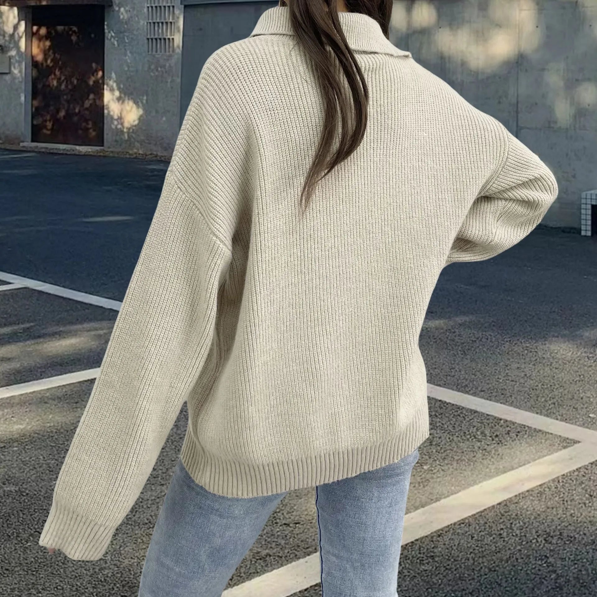Women's retro loose lapels pullover sweater with oblique zipper in alpaca wool fleece