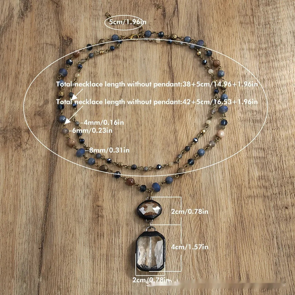 Tribal style necklace with glass and natural stone pendant on two-layer alloy chain