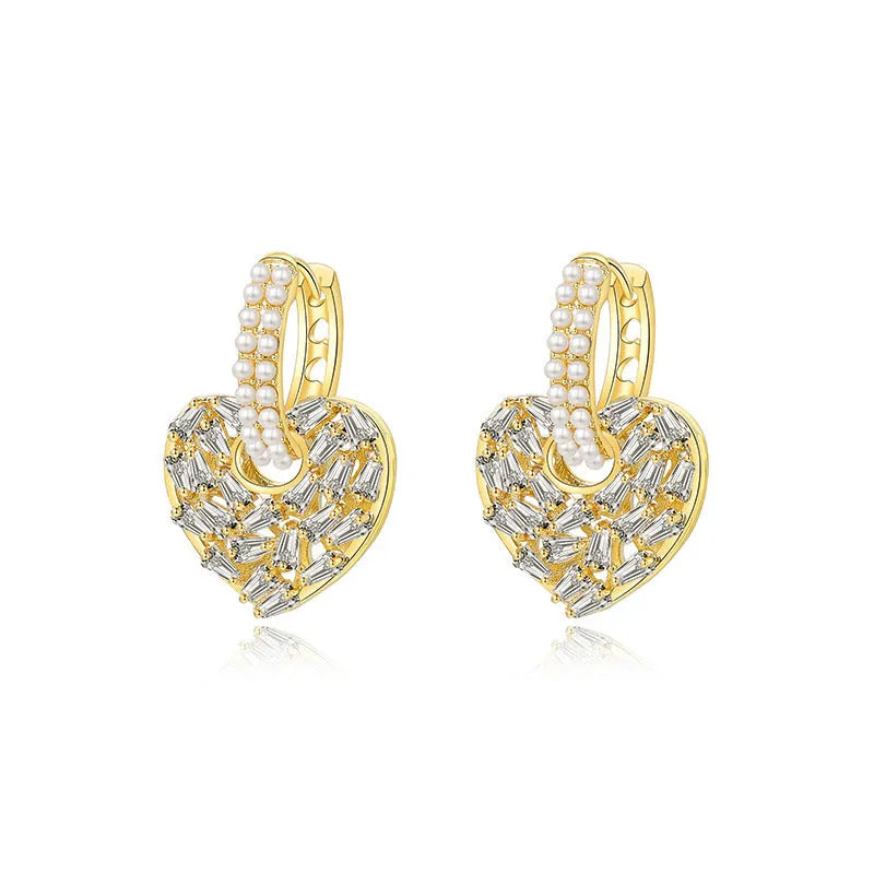 Heart shaped copper earrings with yellow finish and zircon stone for women