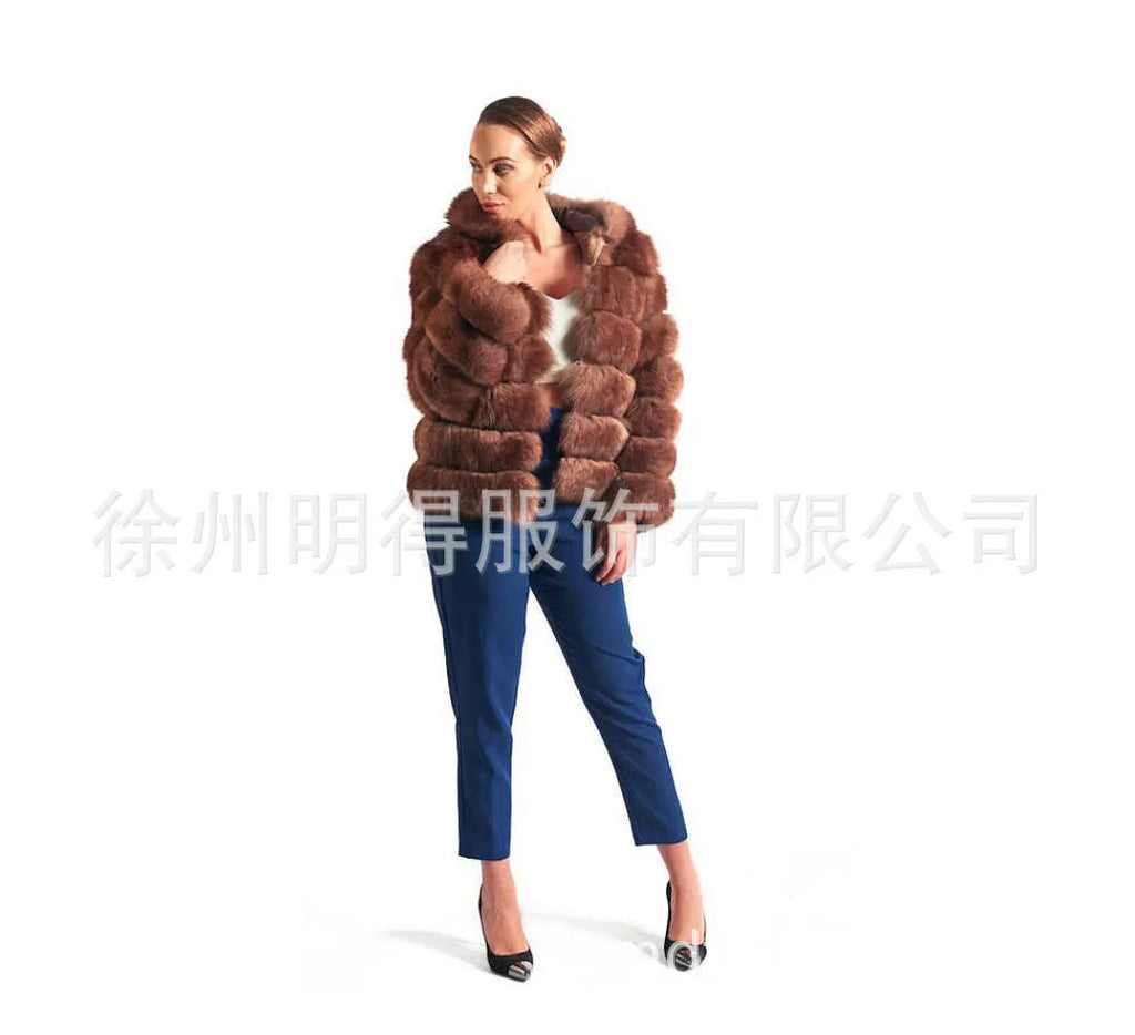 Women's artificial fur hooded coat in loose street fashion style with 65cm length