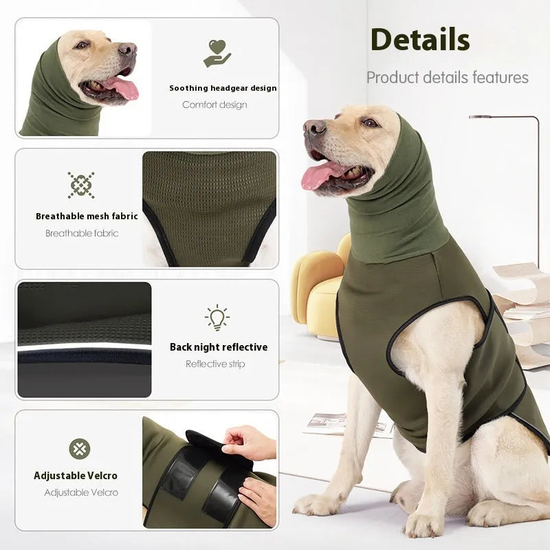 Dog wearing Army Green anti-anxiety jacket with mood-soothing design