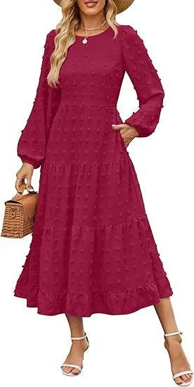 Beige women's long sleeve casual dress with round neck, ruffled sleeves, and a high waist.