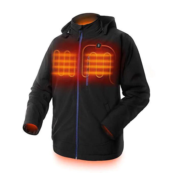 Black USB heated waterproof winter coat for men with long sleeves and zipper pockets.