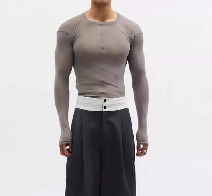 Black mesh see-through slim-fit long sleeve pullover top on a hanger