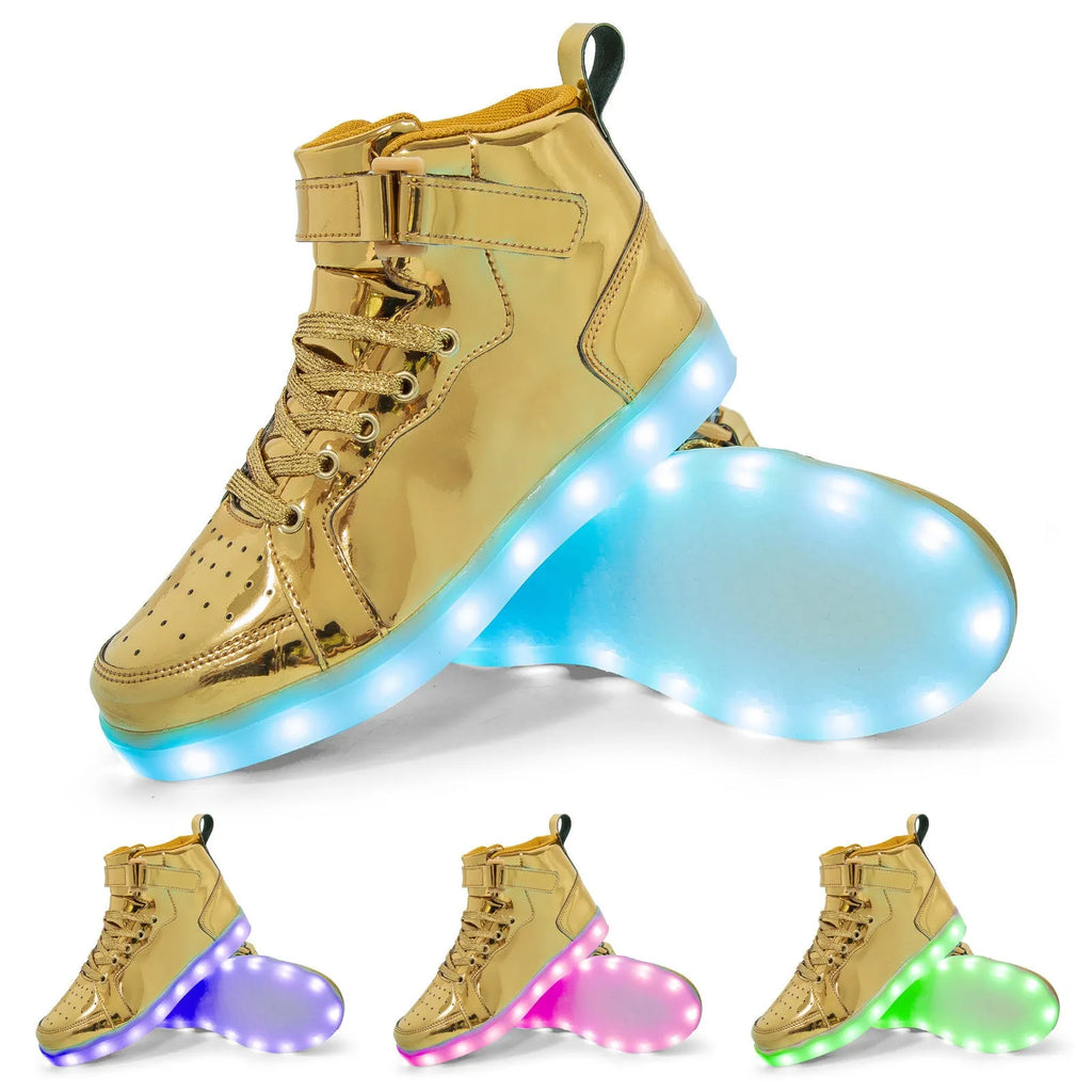 LED high-top board shoes in black, gold and white colours with Velcro fastening and rubber soles