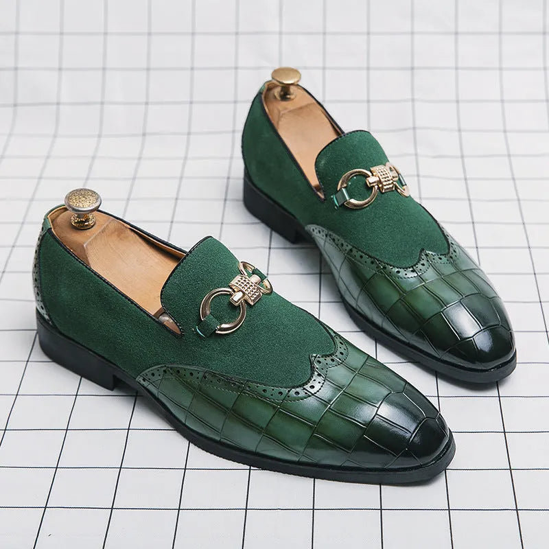 Men's black pointed-toe low-top business casual shoes with artificial PU upper and rubber sole.
