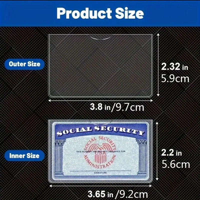 Clear PVC waterproof card holder for social security and ID cards measuring 9.7 by 5.9 centimetres.