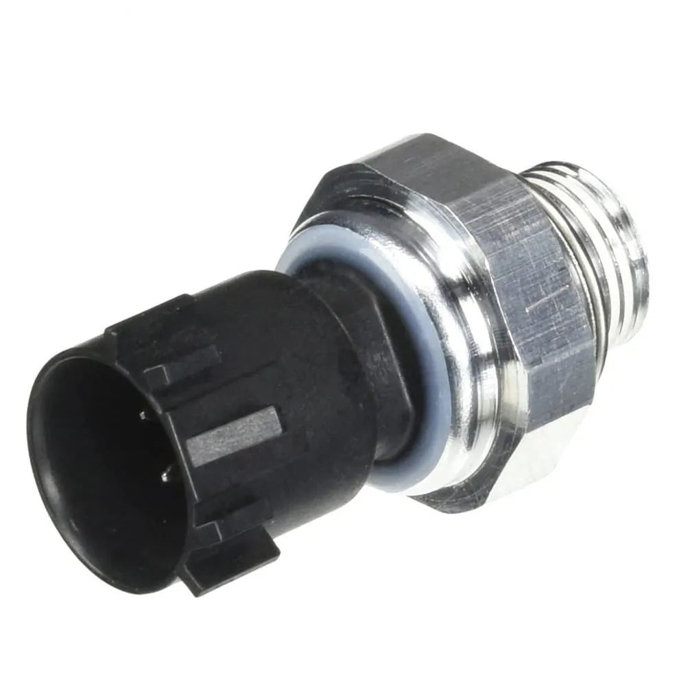 Silver-coloured automobile fuel pressure sensor with cylindrical design and electrical connectors