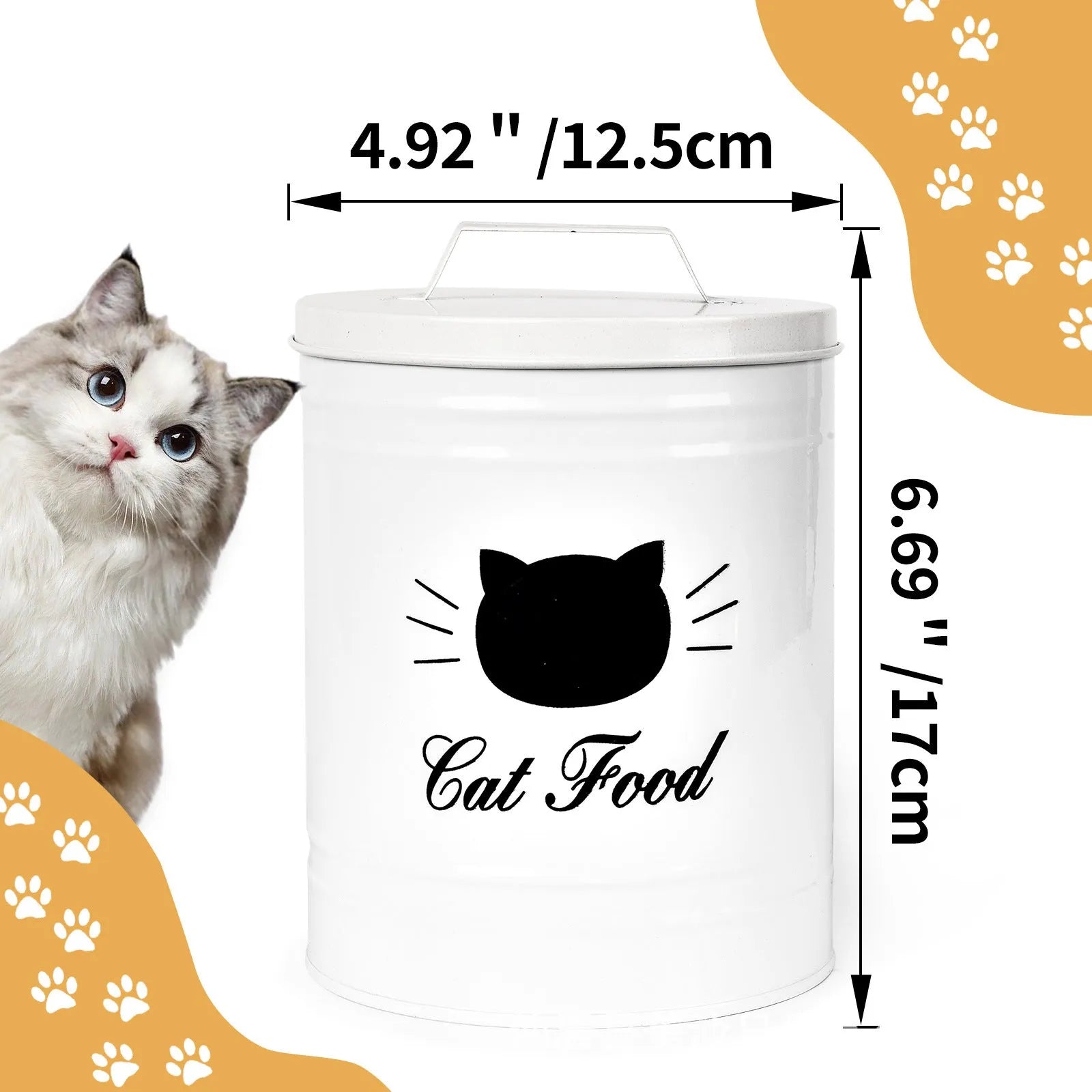 Black and white round household storage tin with moisture-proof tinplate construction.