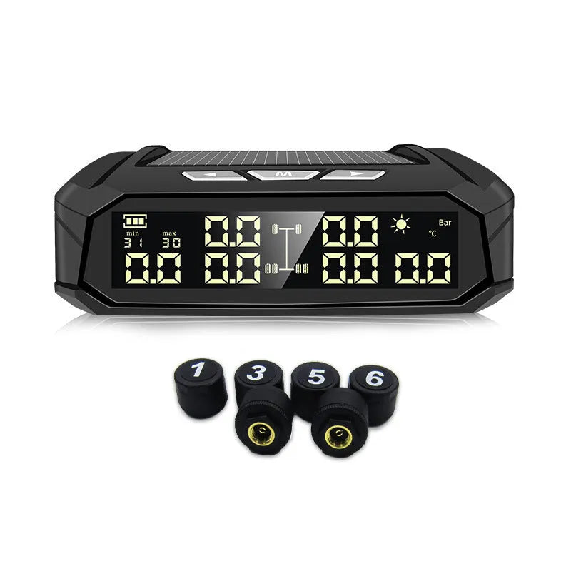Solar external tyre pressure monitor system with colour digital display and six sensors for RVs and trucks