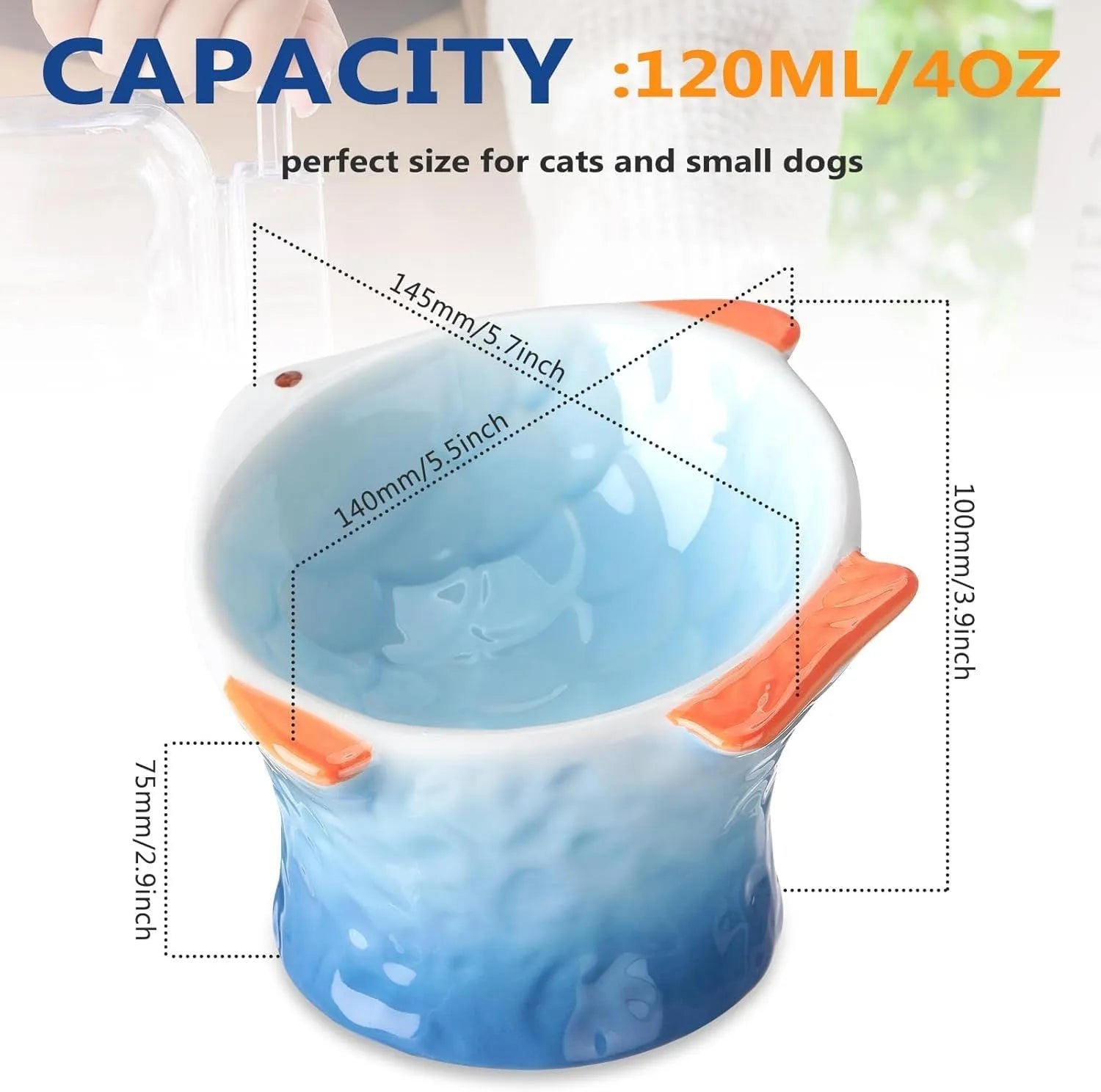 Fish-shaped ceramic cat bowls with elevated design and 15-degree tilt angle in blue, green, pink or yellow