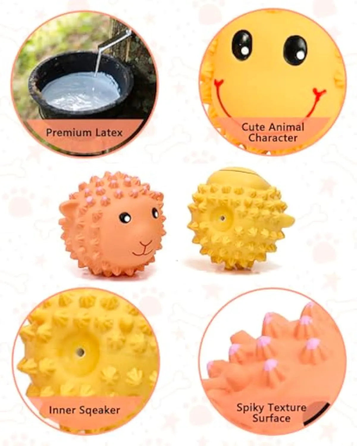Set of four colourful animal-shaped latex dog toys with spiky surfaces for dental cleaning